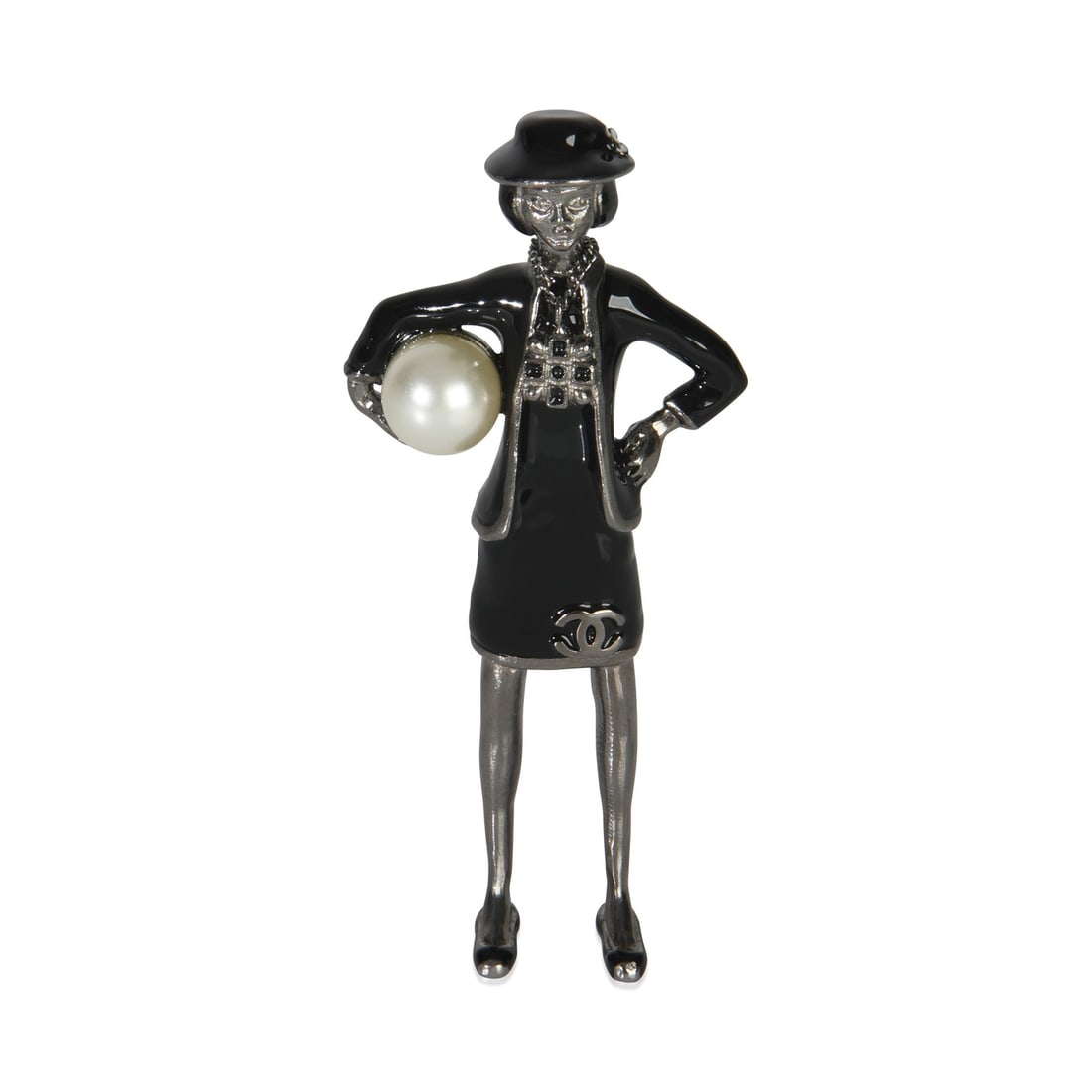 Chanel Mademoiselle 2012 Enamel and Faux Pearl Fashion Brooch: Chanel Mademoiselle 2012 Enamel and Faux Pearl Fashion Brooch This Chanel 2012 Mademoiselle brooch features faux pearls and enamel detailing. Crafted from base metal, this unisex accessory is part of