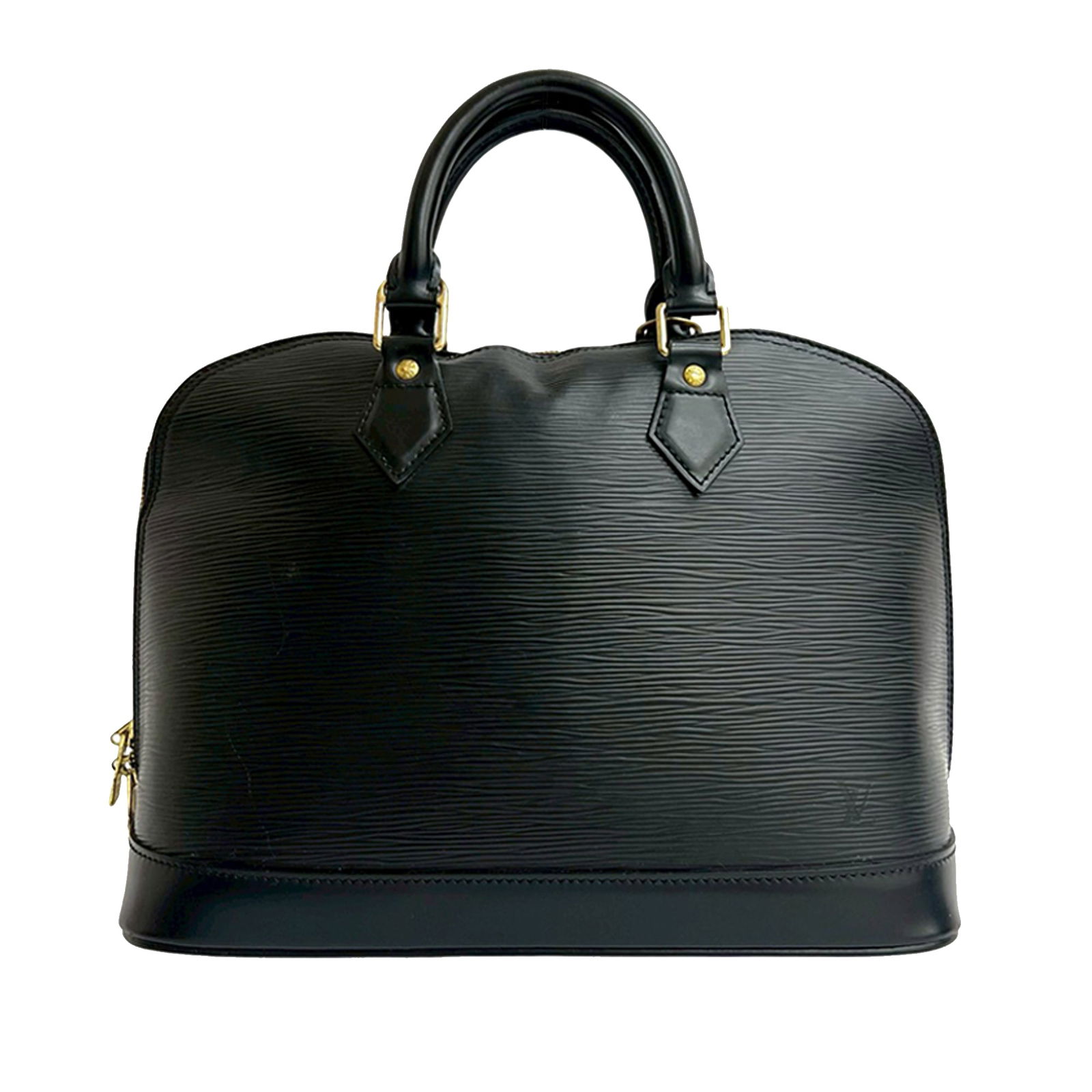 Louis Vuitton Alma PM Handbag in Black Epi Leather with Top Zip: Louis Vuitton Alma PM Handbag in Black Epi Leather with Top Zip This Louis Vuitton Epi Alma PM handbag features a distinctive epi leather body, rolled handles, top zip closure, and interior slip pocke