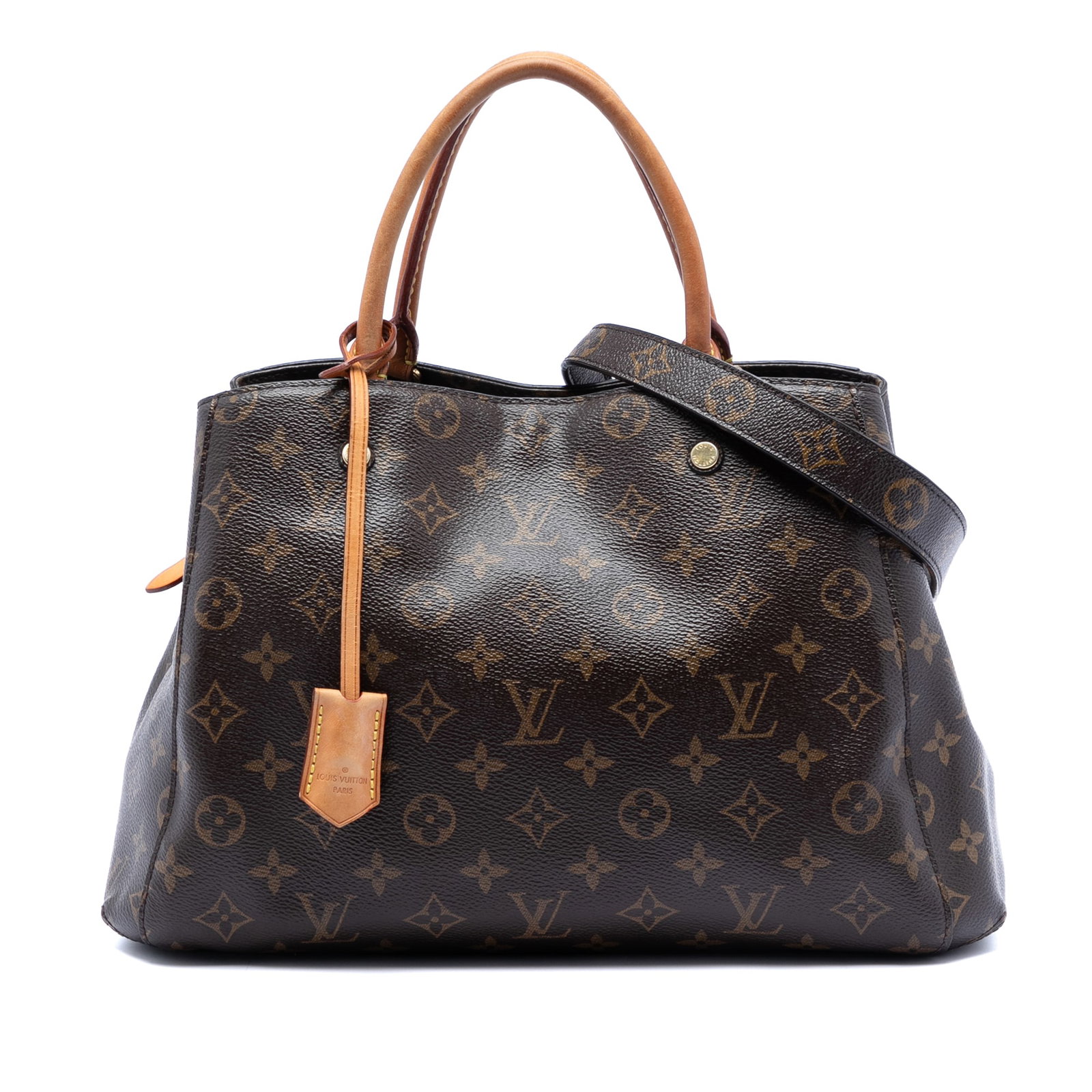 Louis Vuitton Montaigne MM Monogram Canvas Handbag with Leather Handles: Louis Vuitton Montaigne MM Monogram Canvas Handbag with Leather Handles The Louis Vuitton Monogram Montaigne MM is crafted with the signature monogram canvas and features rolled vachetta leather handl
