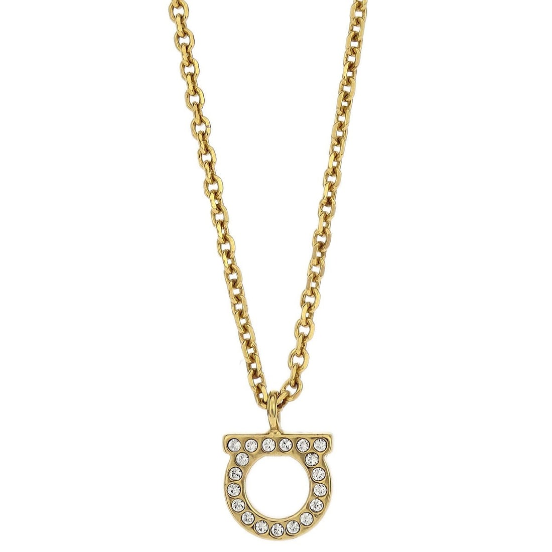 Gold Gancini Charm Necklace with Rhinestone Pendant by Salvatore Ferragamo: Gold Gancini Charm Necklace with Rhinestone Pendant by Salvatore Ferragamo This vintage Salvatore Ferragamo necklace features a gold-tone Gancini pendant adorned with rhinestones. Made in Italy, it sh
