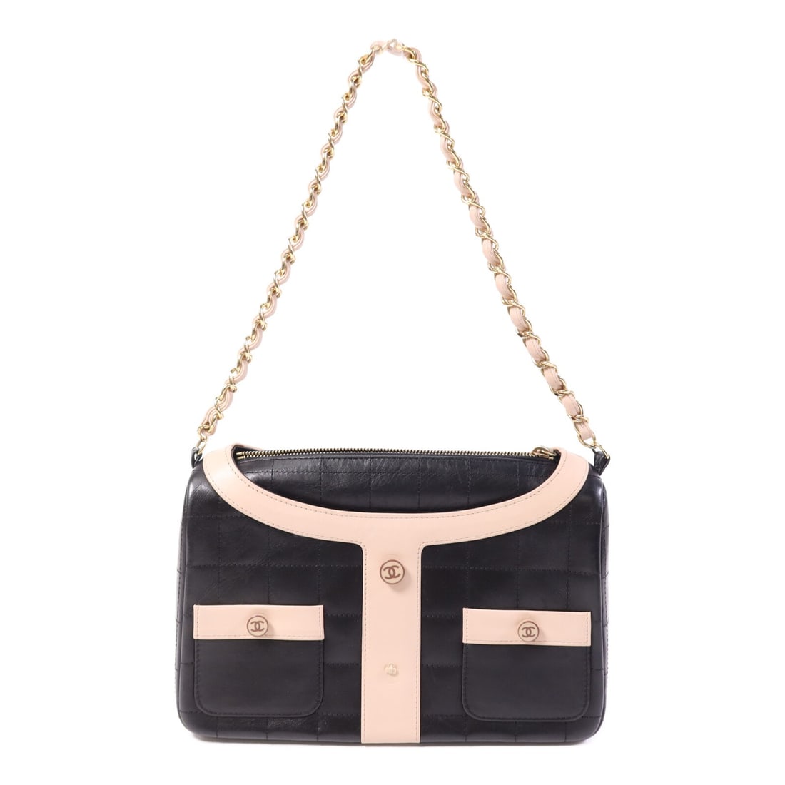 Chanel Mademoiselle Black Calfskin Leather Shoulder Bag with CC Gold Hardware: Chanel Mademoiselle Black Calfskin Leather Shoulder Bag with CC Gold Hardware This CHANEL Mademoiselle jacket-style shoulder bag is crafted from black calfskin leather and features the signature CC de