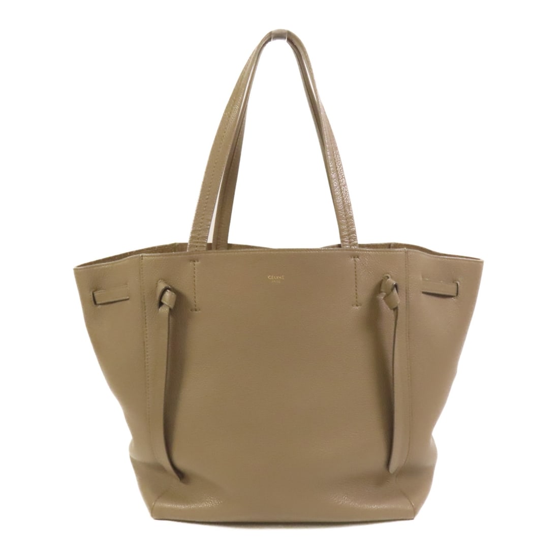 Cabas Phantom Shoulder Tote in Grey Calfskin by CELINE: Cabas Phantom Shoulder Tote in Grey Calfskin by CELINE This CELINE Cabas Phantom shoulder bag is crafted from gray calfskin leather, featuring a spacious design and a sophisticated silhouette. Made in
