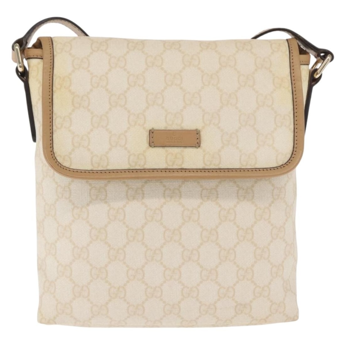 Gucci Flap Messenger Bag White GG PVC Canvas Crossbody: Gucci Flap Messenger Bag White GG PVC Canvas Crossbody This Gucci Flap Messenger bag features a white GG coated canvas exterior made of PVC, designed specifically for women. The bag exhibits some sign