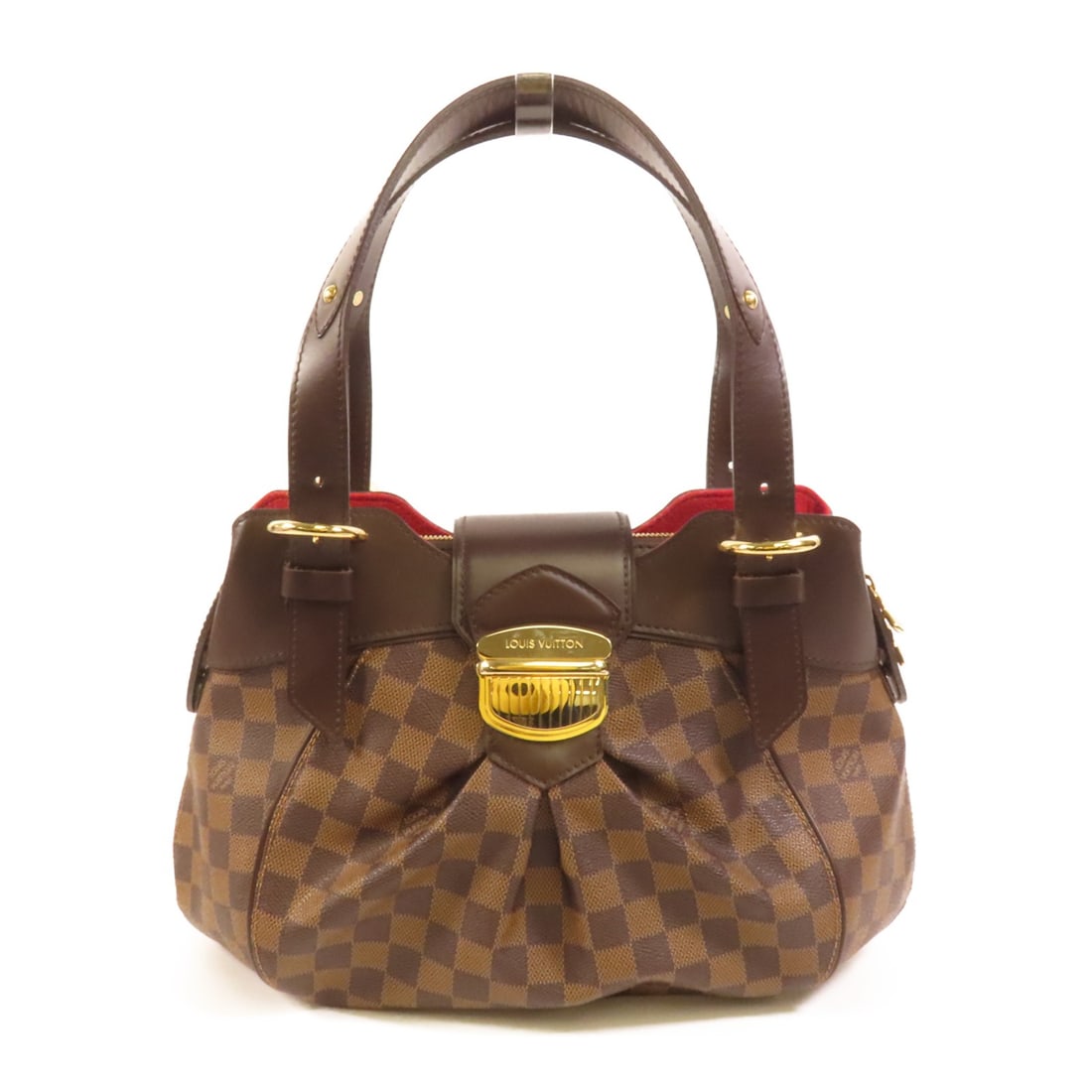 Louis Vuitton Sistina PM Damier Canvas Handbag with Gold Tone Hardware: Louis Vuitton Sistina PM Damier Canvas Handbag with Gold Tone Hardware This Louis Vuitton Sistina PM handbag features the iconic Damier brown pattern on durable PVC coated canvas. The bag offers a reg