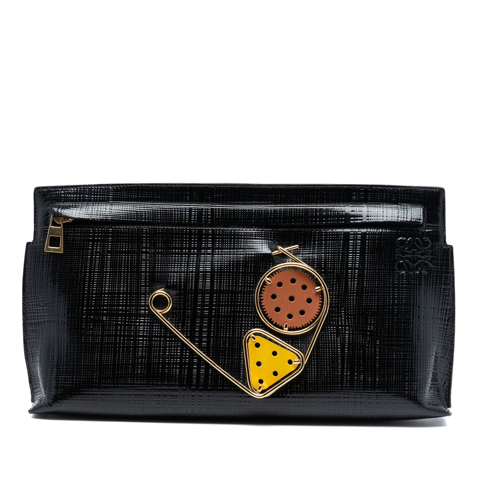 Loewe Anagram Mechano Pin T Embossed Leather Black Clutch Bag: Loewe Anagram Mechano Pin T Embossed Leather Black Clutch Bag This clutch bag features an embossed leather body with a zip closure and an interior slip pocket. The bag is designed in black and showcas