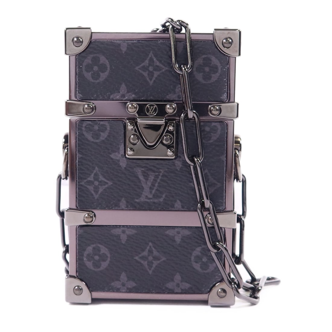 Louis Vuitton Monogram Eclipse M80222 Trunk Box Chain Black Shoulder Bag: Louis Vuitton Monogram Eclipse M80222 Trunk Box Chain Black Shoulder Bag This Louis Vuitton Trunk Box Chain Shoulder Bag features the iconic Monogram Eclipse pattern crafted from durable black PVC coa