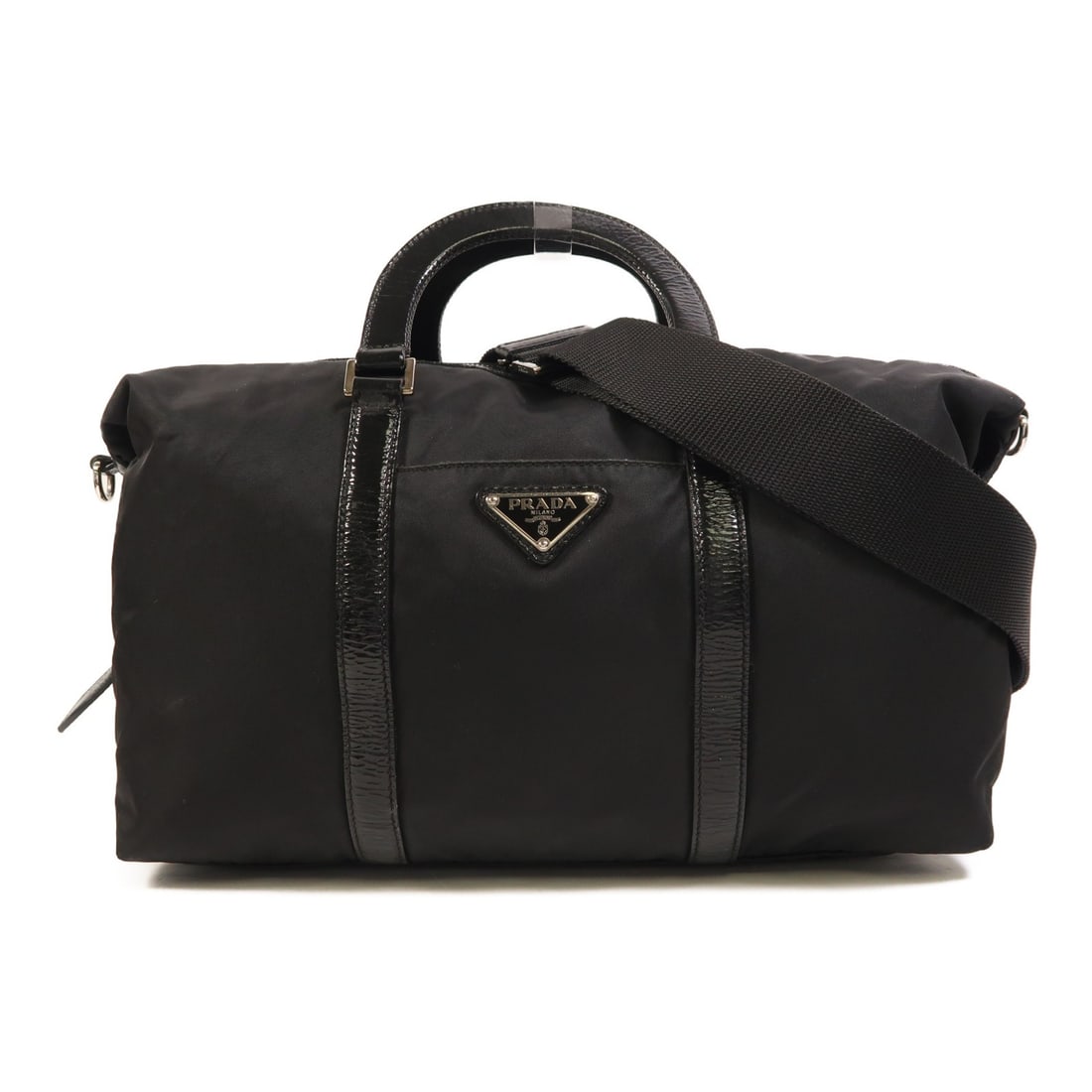Prada Black Nylon Convertible Shoulder Bag with Silver Hardware: Prada Black Nylon Convertible Shoulder Bag with Silver Hardware This PRADA 2-way shoulder bag features a durable black nylon exterior and offers versatile carrying options. Made in Italy, the bag show