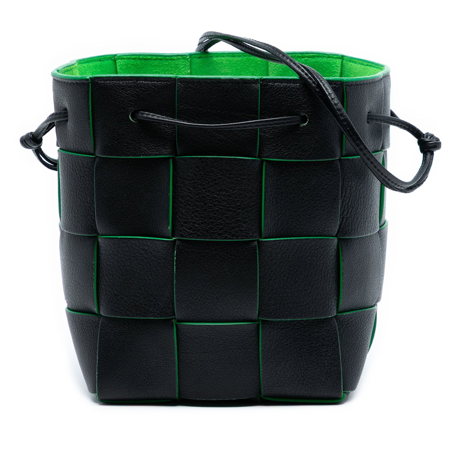 Small Maxi Intrecciato Cassette Nappa Leather Bucket Bag by Bottega Veneta: Small Maxi Intrecciato Cassette Nappa Leather Bucket Bag by Bottega Veneta This Bottega Veneta Small Nappa Maxi Intrecciato Cassette Bucket Bag features a woven nappa leather body, a flat leather shou