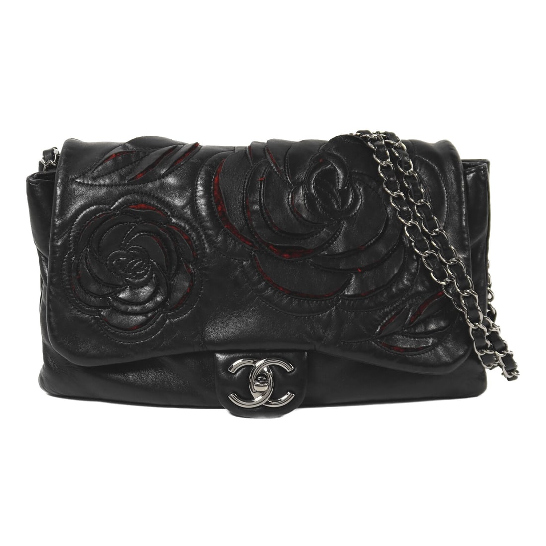 Chanel Black and Red Lambskin CC Shoulder Bag with Silver Hardware: Chanel Black and Red Lambskin CC Shoulder Bag with Silver Hardware This CHANEL shoulder bag features a classic design crafted from lambskin leather in black with red accents. It is equipped with silve