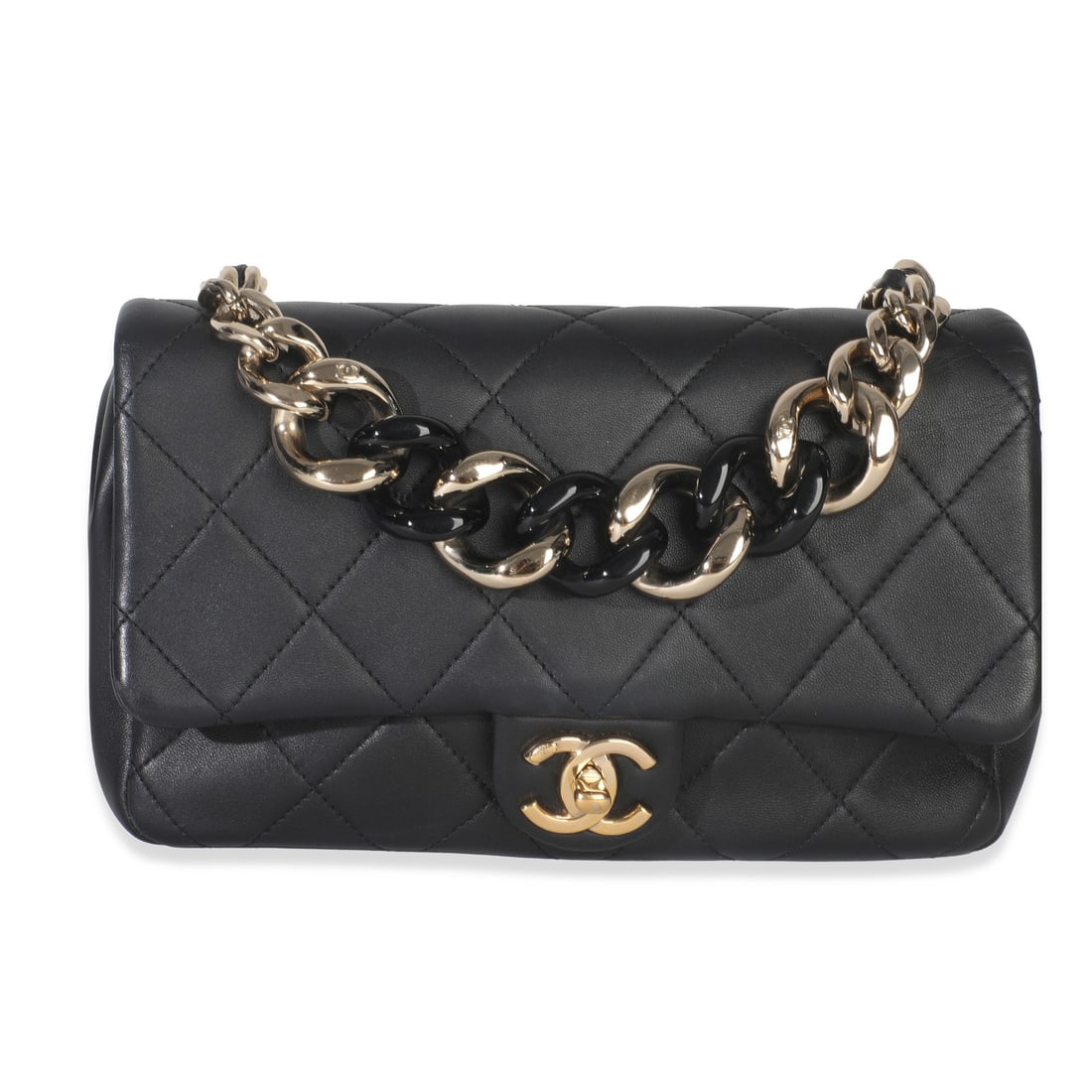 Chanel Flap Shoulder Bag in Black Quilted Lambskin with Resin Chain: Chanel Flap Shoulder Bag in Black Quilted Lambskin with Resin Chain This Chanel Black Quilted Lambskin Flap Bag features elegant resin chain detailing and a turnlock closure. The bag is crafted from b