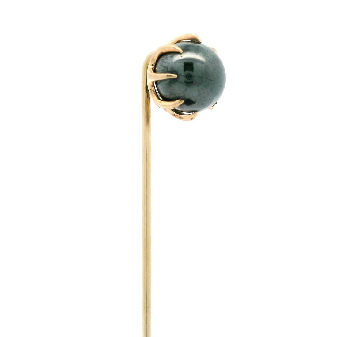Antique 14k Yellow Gold Hematite Stick Pin Multi Claw Prong Set: Antique 14k Yellow Gold Hematite Stick Pin Multi Claw Prong Set This exquisite antique stick pin features a stunning round ball bead of natural genuine hematite, securely set with a multi claw prong,