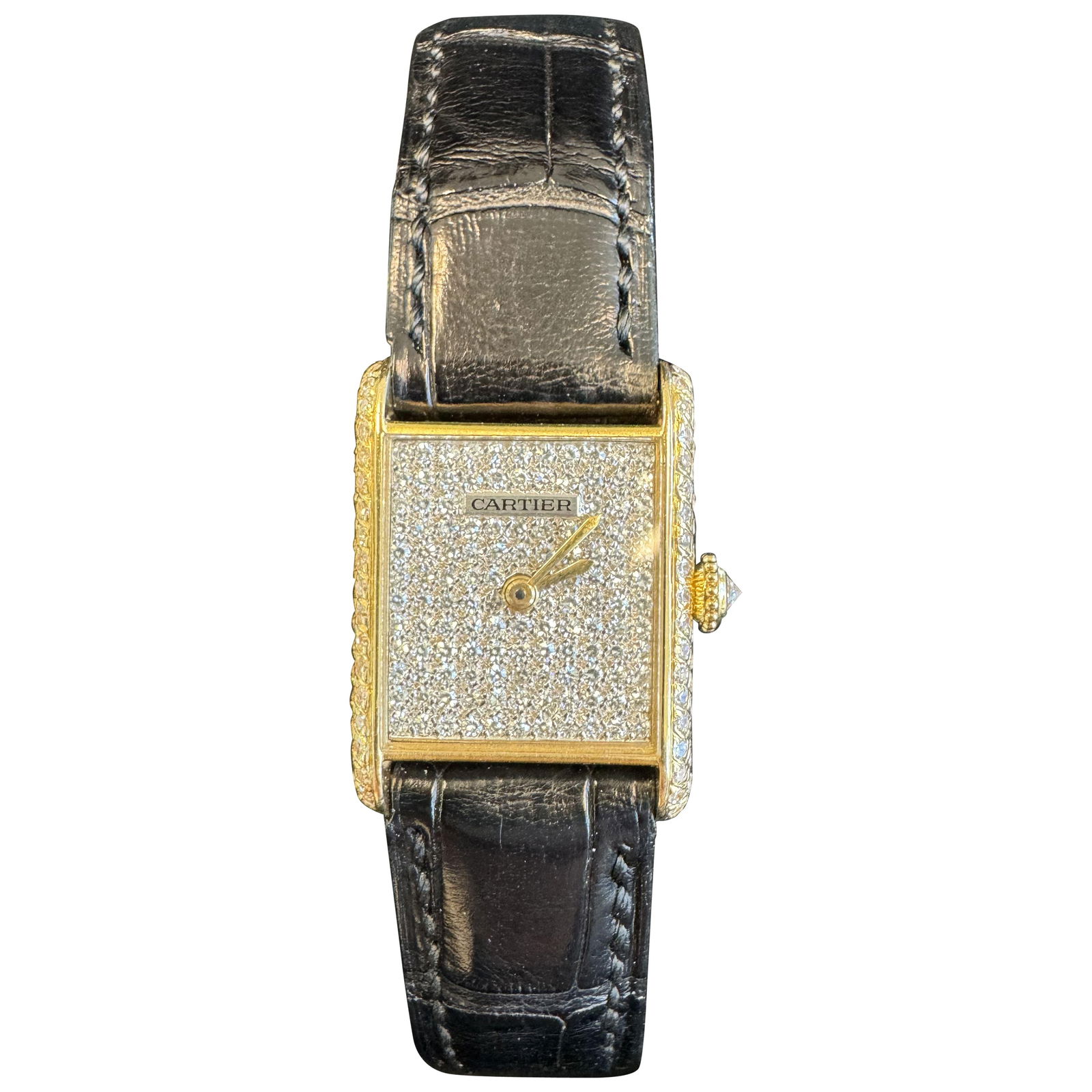 Rare Cartier Tank Louis Gold Diamond Dial Quartz Watch with Service Papers: Rare Cartier Tank Louis Gold Diamond Dial Quartz Watch with Service Papers Introducing the rare Cartier Tank Louis watch, a stunning blend of elegance and contemporary design. Crafted with a yellow go