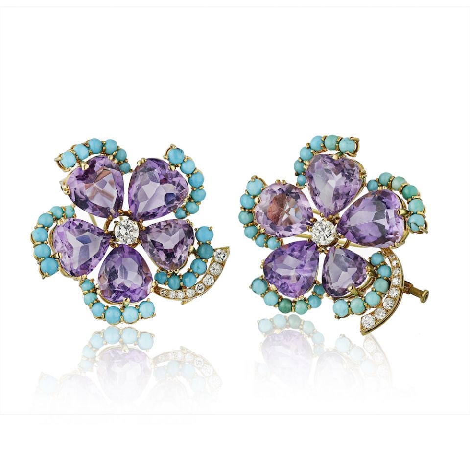 Vintage 1950s 18K Yellow Gold Double Clip Brooch with Turquoise Amethyst Diamonds: Vintage 1950s 18K Yellow Gold Double Clip Brooch with Turquoise Amethyst Diamonds This exquisite Circa 1950's double clip brooch showcases the elegance of 18K yellow gold, beautifully adorned with