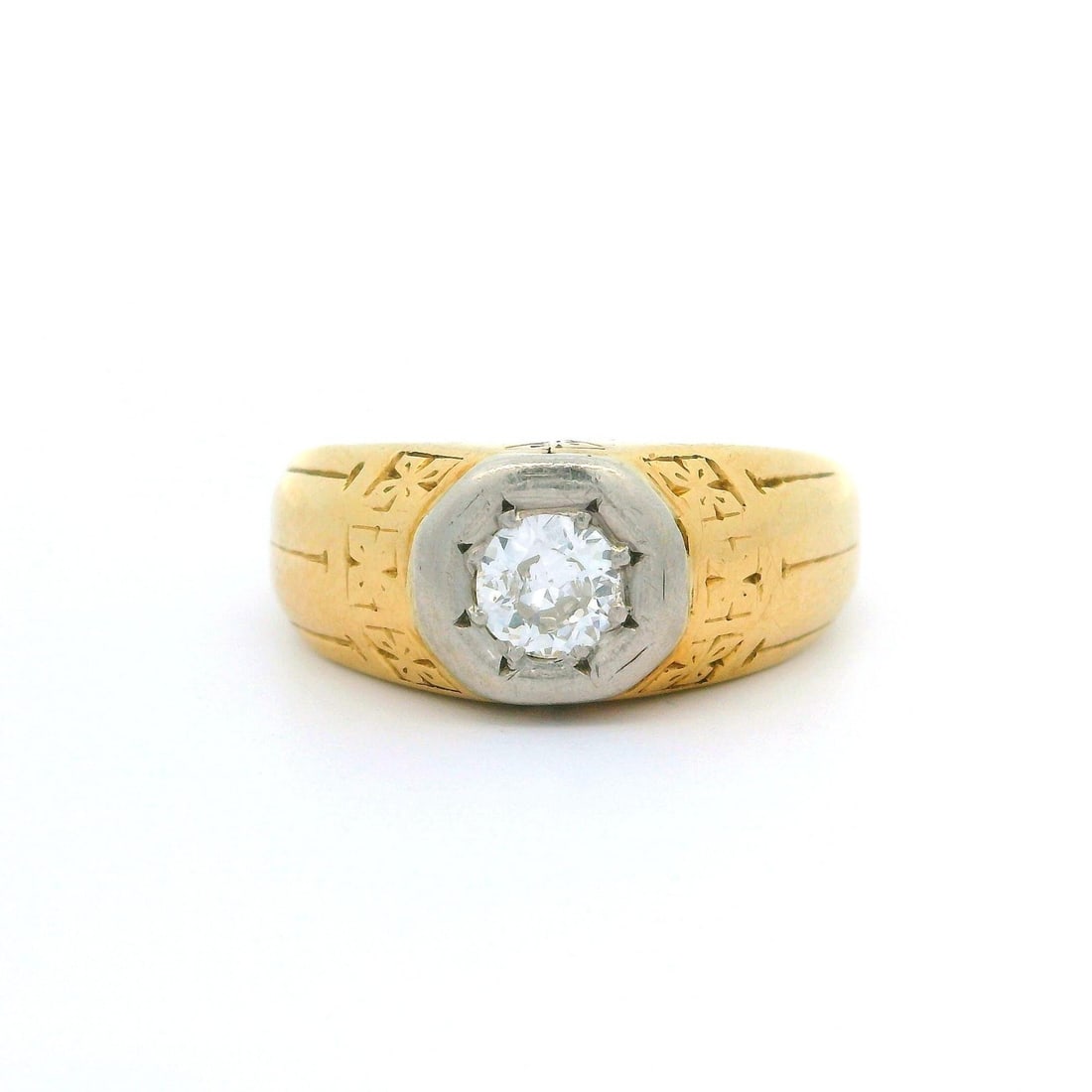 Antique 14k Gold & Palladium Old Cut Diamond Solitaire Ring: Antique 14k Gold & Palladium Old Cut Diamond Solitaire Ring This exquisite antique solitaire ring features a stunning 0.28 ct natural old cut diamond, showcasing a beautiful J color and I1 clarity, el