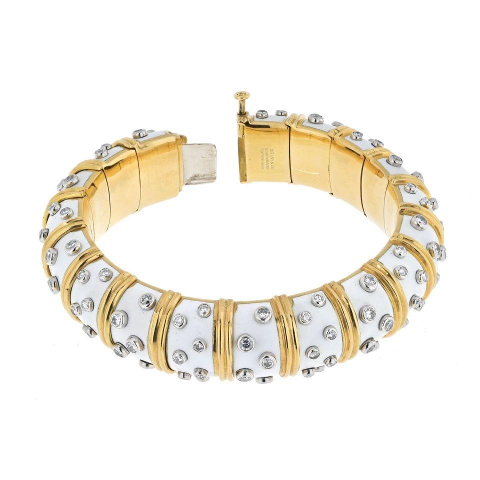 Tiffany & Co. Schlumberger 18K Gold Diamond Enamel Bangle Bracelet - 2
