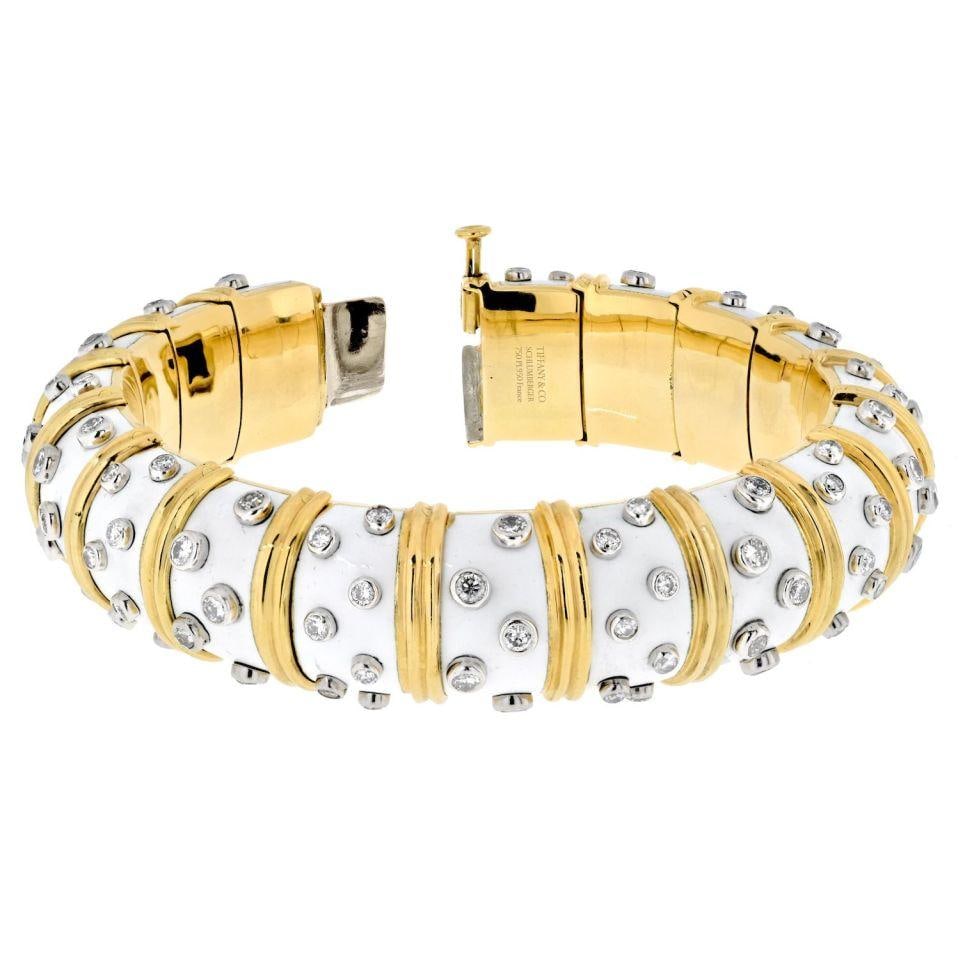 Tiffany & Co. Schlumberger 18K Gold Diamond Enamel Bangle Bracelet - 3
