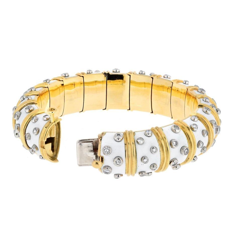 Tiffany & Co. Schlumberger 18K Gold Diamond Enamel Bangle Bracelet - 4