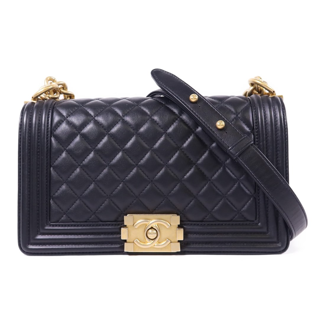 Chanel Boy 25 Black Lambskin Shoulder Bag with Gold CC Hardware: Chanel Boy 25 Black Lambskin Shoulder Bag with Gold CC Hardware This is a CHANEL Boy 25 chain shoulder bag crafted from black lambskin leather. The bag features a classic design with a chain strap and