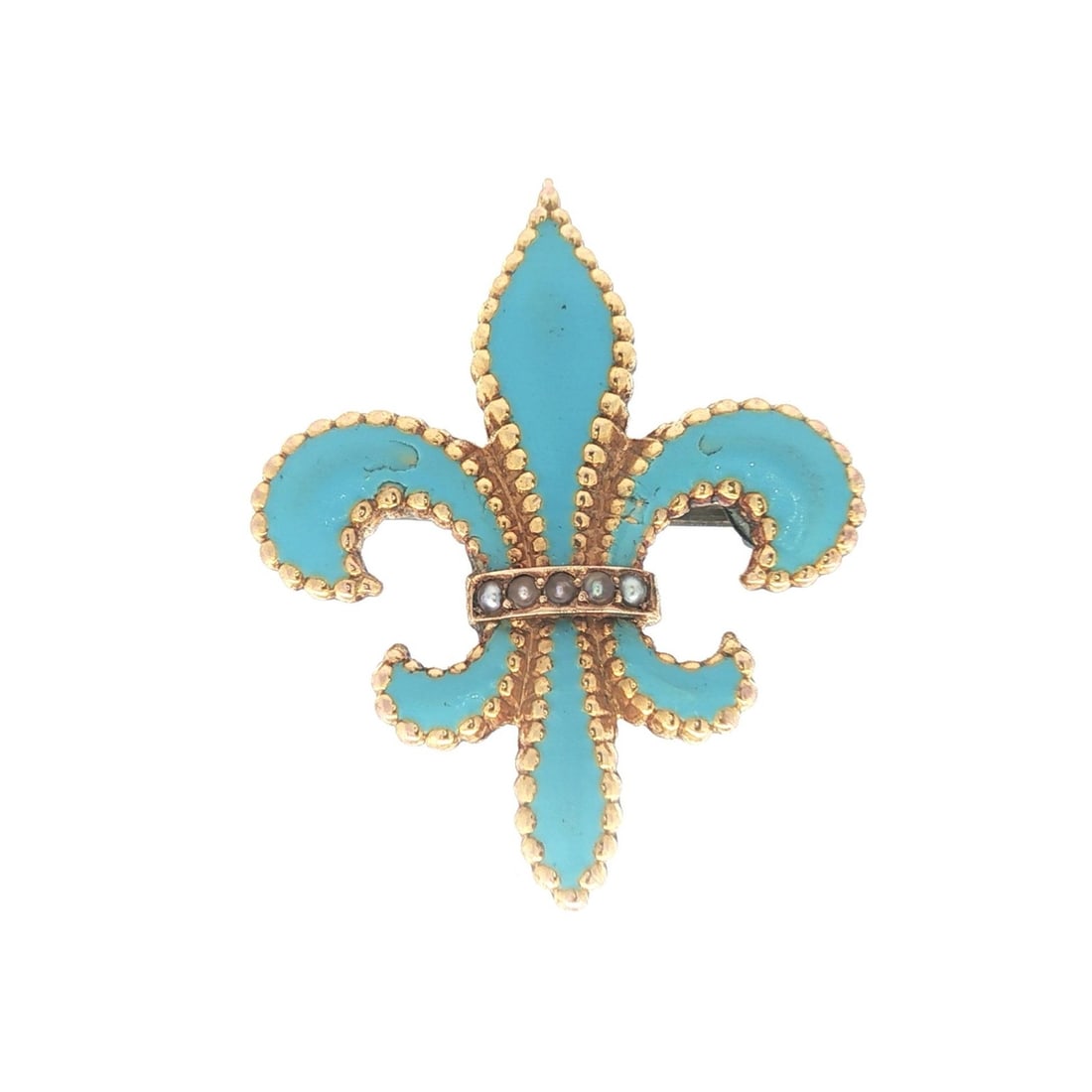 Fleur De Lis Brooch in 14k Yellow Gold with Seed Pearls and Blue Enamel: Fleur De Lis Brooch in 14k Yellow Gold with Seed Pearls and Blue Enamel This antique pin brooch features a Fleur De Lis design crafted in 14k yellow gold, adorned with five genuine round seed pearls i