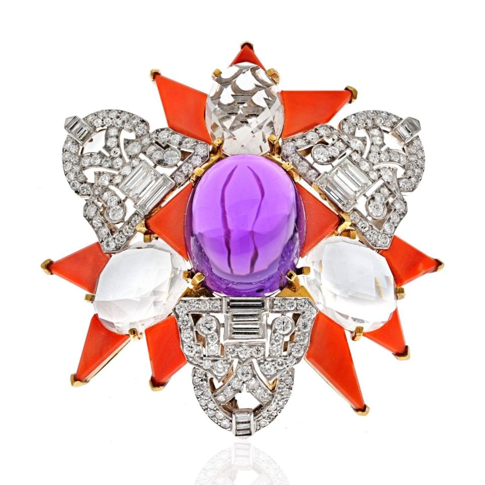 David Webb Platinum 18K Gold Amethyst Coral Star Brooch with Certificate: David Webb Platinum 18K Gold Amethyst Coral Star Brooch with Certificate This exquisite David Webb brooch showcases a stunning combination of platinum and 18K yellow gold. The intricate design feature