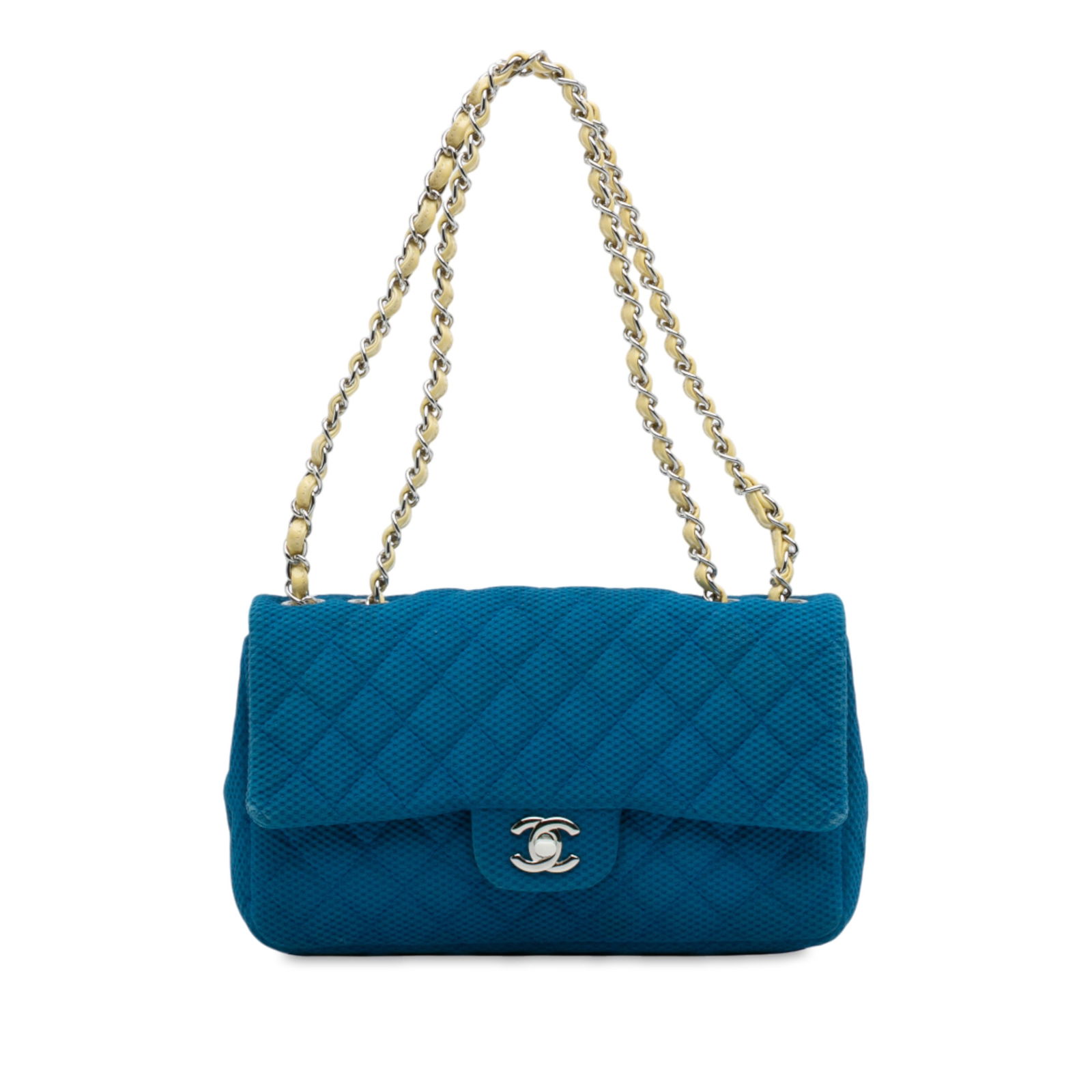 Chanel Medium Quilted Perforated Jersey Flap Bag Blue: Chanel Medium Quilted Perforated Jersey Flap Bag Blue This Chanel Medium Quilted Perforated Jersey Single Flap shoulder bag is a stylish blend of jersey and mesh materials, paired with a luxurious lea