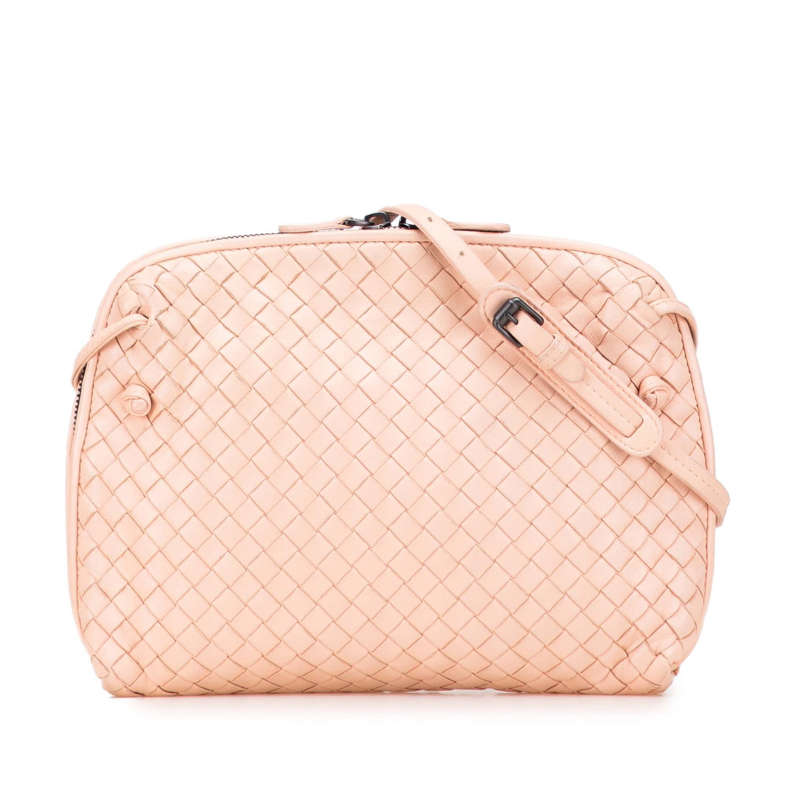 Bottega Veneta Pink Nappa Intrecciato Nodini Crossbody Bag: Bottega Veneta Pink Nappa Intrecciato Nodini Crossbody Bag This Bottega Veneta Nappa Intrecciato Nodini Crossbody bag is a stylish accessory crafted from luxurious woven leather. It features an adjust