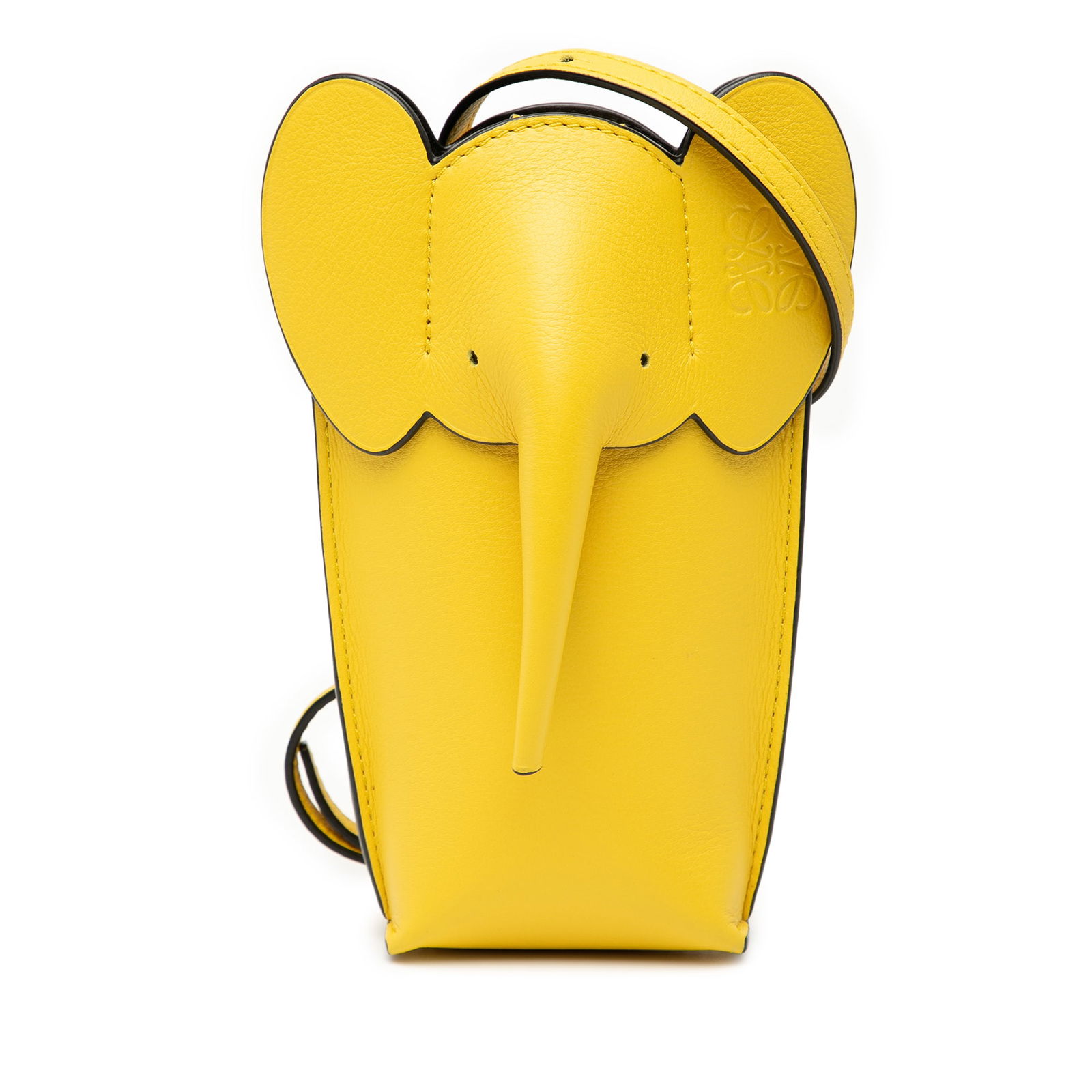 LOEWE Yellow Leather Elephant Pocket Crossbody Bag: LOEWE Yellow Leather Elephant Pocket Crossbody Bag This LOEWE Leather Elephant Pocket Crossbody is a stylish and functional accessory crafted from high-quality leather. It features a flat shoulder str