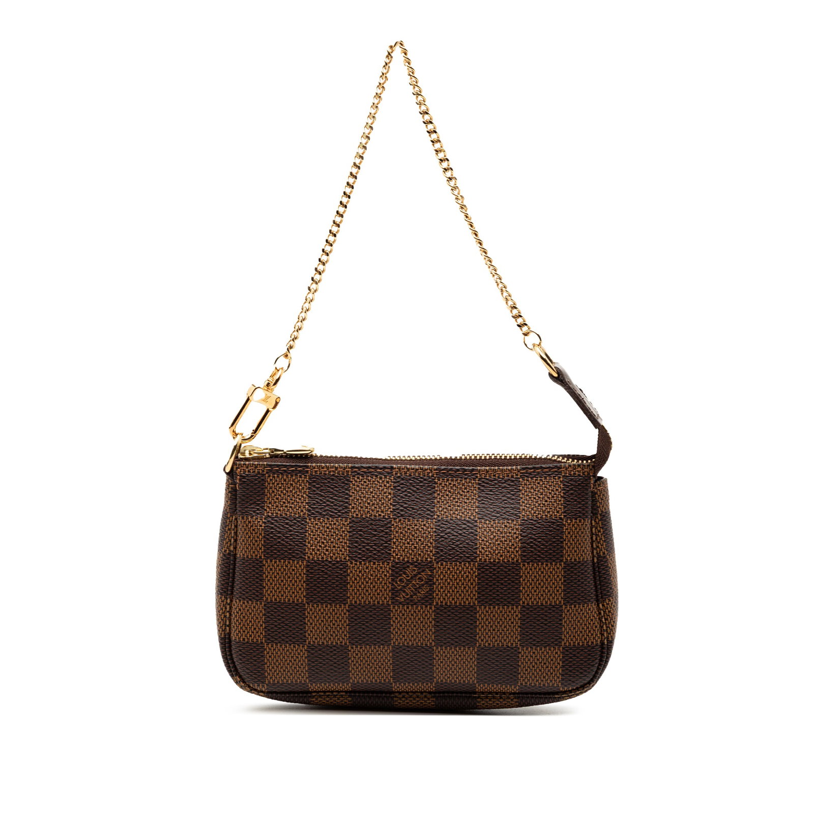 Damier Ebene canvas mini pouch with gold-tone chain by Louis Vuitton: Damier Ebene canvas mini pouch with gold-tone chain by Louis Vuitton This Louis Vuitton Damier Ebene Mini Pochette Accessoires features a signature Damier canvas body in brown, complemented by a gold-