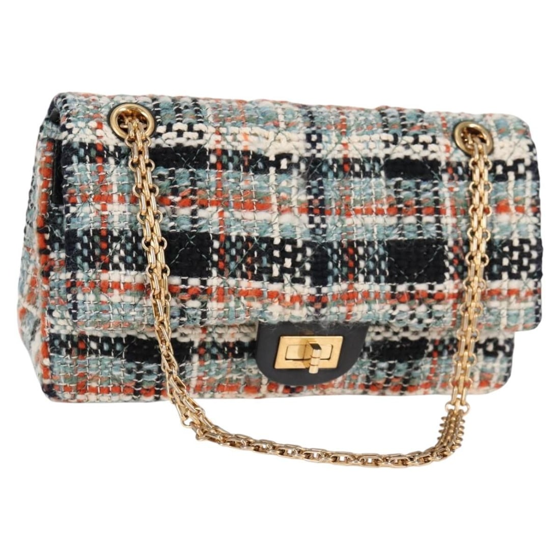 Chanel Blue Tweed Reissue 2.55 Flap Bag 24cm: Chanel Blue Tweed Reissue 2.55 Flap Bag 24cm This Chanel Reissue 2.55 Flap Bag features a classic quilted tweed design in blue, tailored for women. It presents slight wear on the exterior surface and