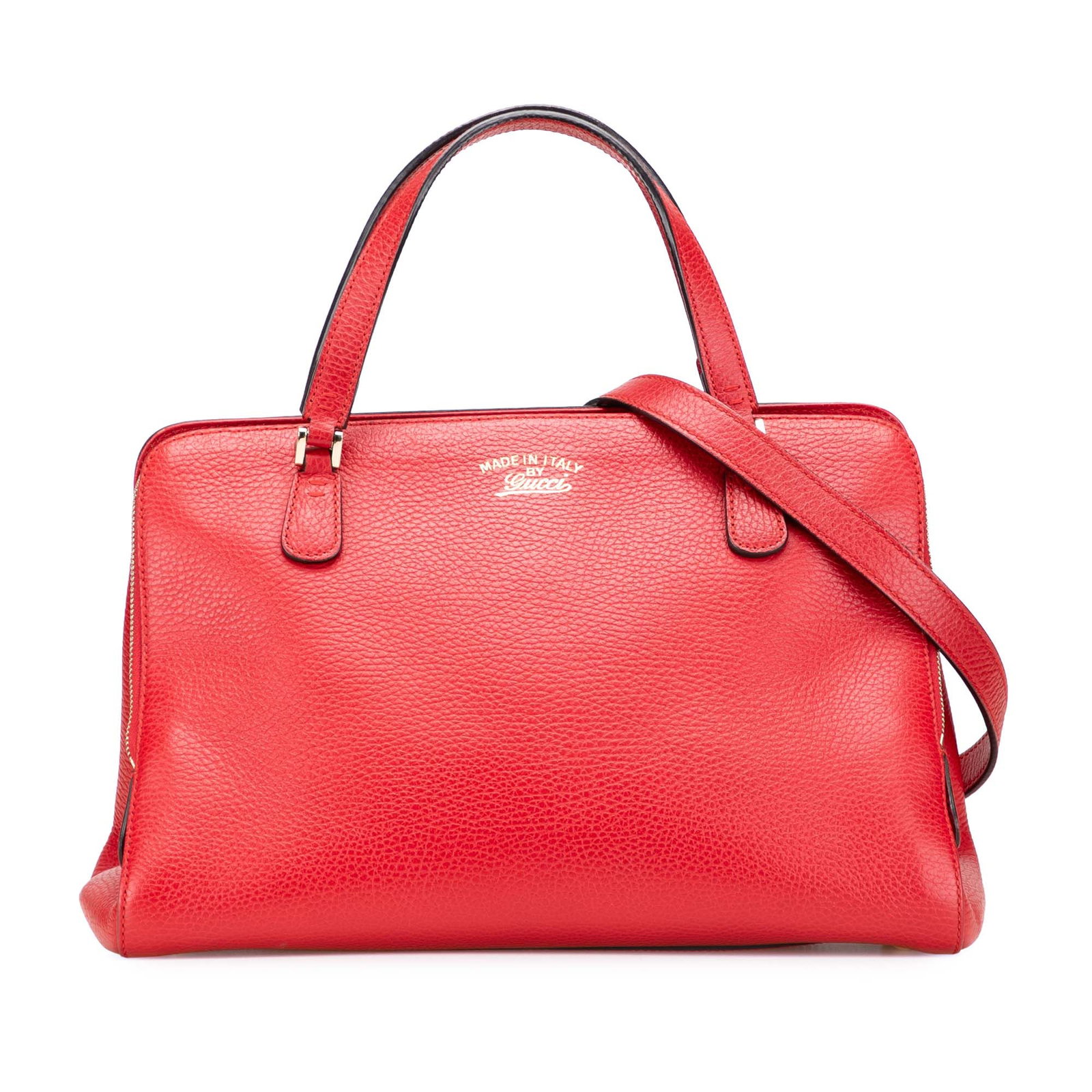 Gucci Red Calfskin Swing Top Handle Satchel with Detachable Strap: Gucci Red Calfskin Swing Top Handle Satchel with Detachable Strap This Gucci Calfskin Swing Top Handle Satchel is a stylish and functional accessory crafted from high-quality leather. It features a st