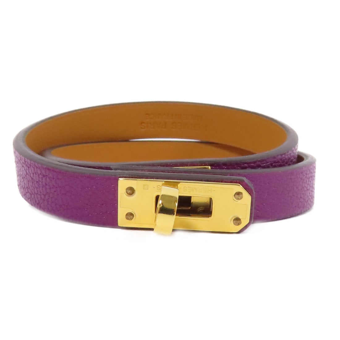 HERMES Kelly Double Tour Bracelet Anemone Goatskin Leather: HERMES Kelly Double Tour Bracelet Anemone Goatskin Leather Elevate your accessory collection with this exquisite HERMES Kelly Double Tour Bracelet, crafted from premium Chevre leather in a stunning an