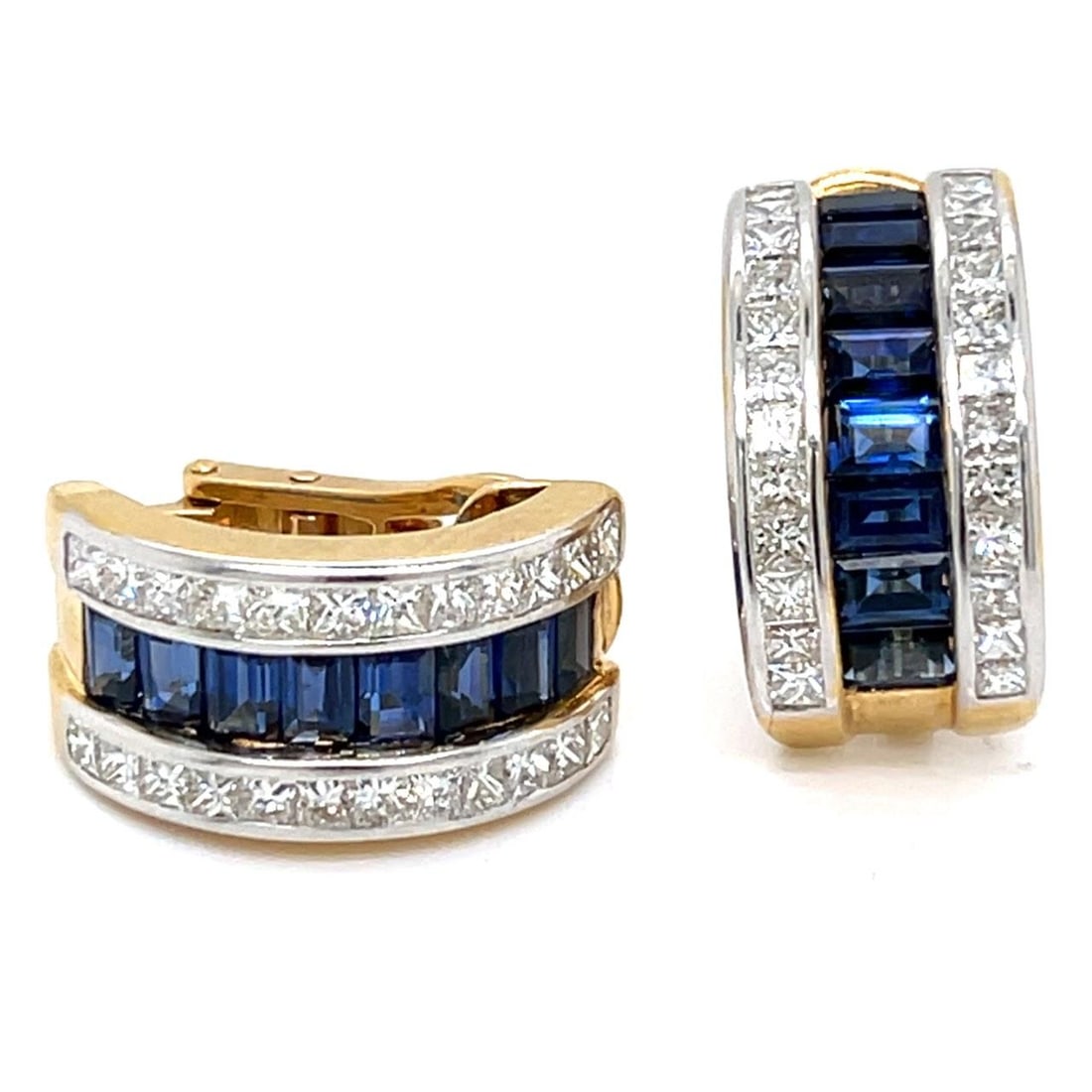 Sapphire and Diamond Earrings in 18K Yellow Gold with Princess Cuts: Sapphire and Diamond Earrings in 18K Yellow Gold with Princess Cuts These pre-owned earrings are crafted from 18K yellow gold and feature 48 princess-cut diamonds with an approximate total weight of 3