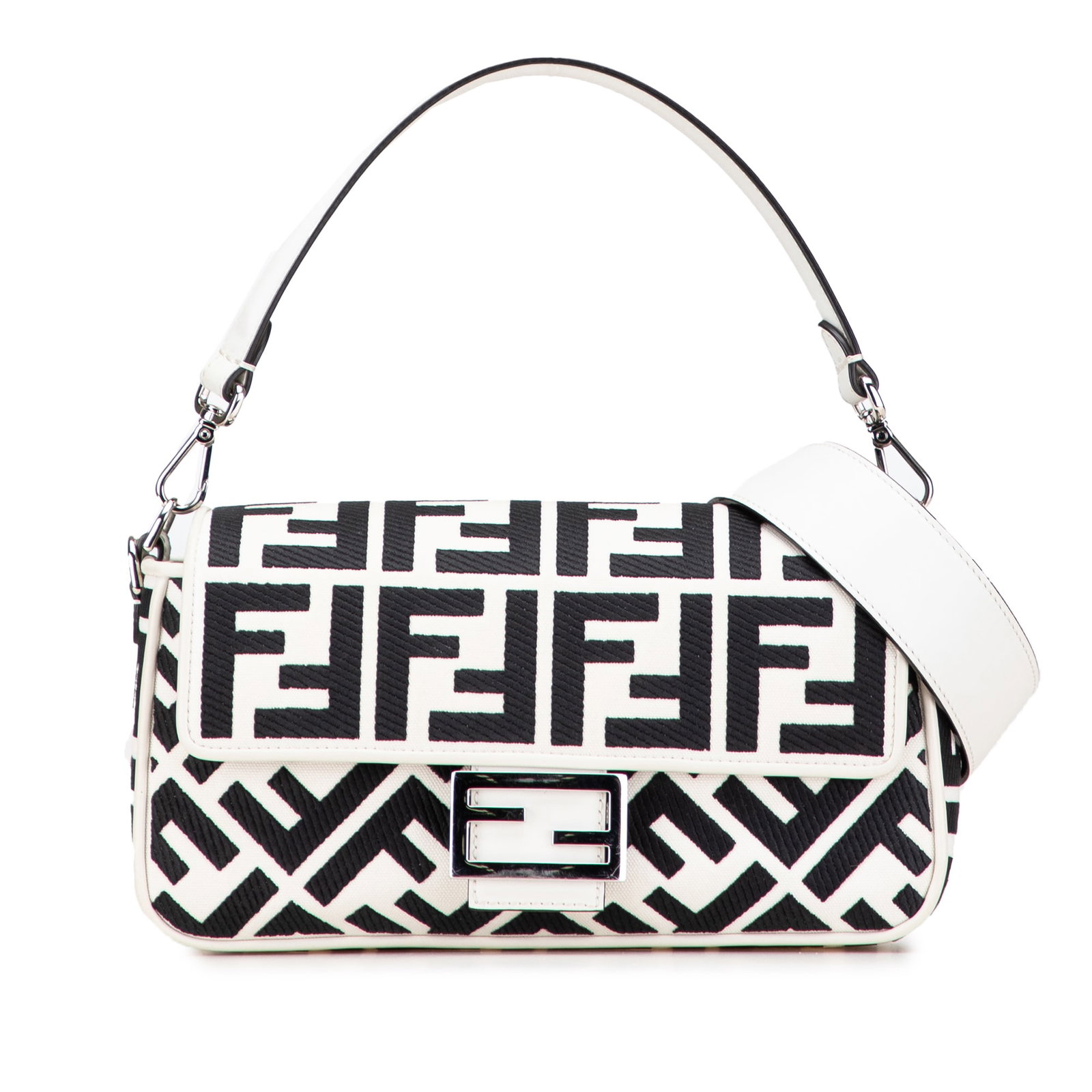 Fendi Zucca Embroidered Canvas Baguette Satchel Bag White: Fendi Zucca Embroidered Canvas Baguette Satchel Bag White This Fendi Zucca Embroidered Canvas Baguette Satchel is a chic and stylish accessory, crafted with an embroidered canvas body and enhanced by
