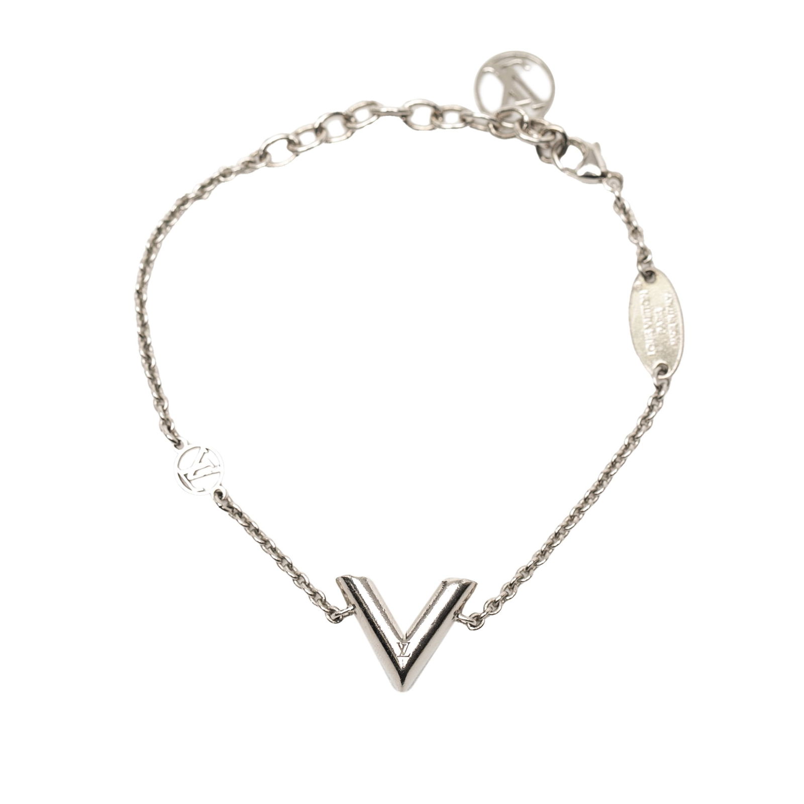 Louis Vuitton Essential V Silver Tone Metal Bracelet with Lobster Clasp: Louis Vuitton Essential V Silver Tone Metal Bracelet with Lobster Clasp This Louis Vuitton Essential V Supple Bracelet features a silver plated metal body and a lobster clasp closure. The bracelet is