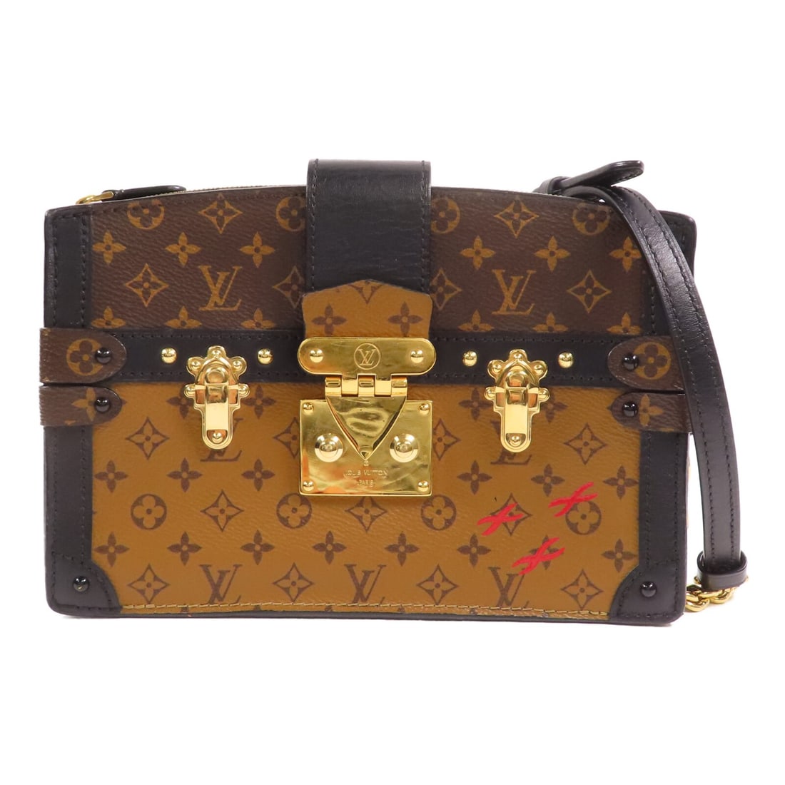 Louis Vuitton Trunk Clutch Shoulder Bag Monogram Reverse PVC Canvas Brown M43596: Louis Vuitton Trunk Clutch Shoulder Bag Monogram Reverse PVC Canvas Brown M43596 This Louis Vuitton Trunk Clutch shoulder bag features the iconic Monogram Reverse brown PVC coated canvas. The bag is d