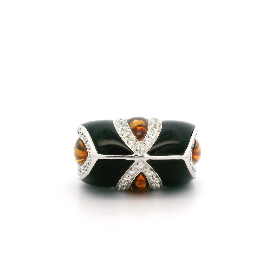 Unique White Gold Ring with Black Onyx Citrine and Diamond 0.60ctw: Unique White Gold Ring with Black Onyx Citrine and Diamond 0.60ctw This exquisite band ring showcases a stunning combination of natural black onyx, vibrant citrine, and sparkling diamonds, all elegant