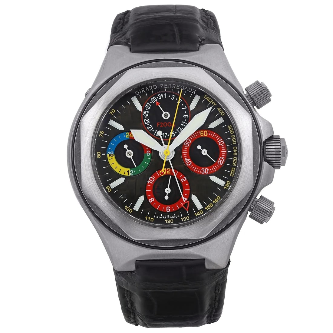 Girard Perregaux Laureato Ferrari GMT Titanium Black Carbon Dial Men's Watch: Girard Perregaux Laureato Ferrari GMT Titanium Black Carbon Dial Men's Watch This Girard Perregaux Laureato Ferrari GMT watch is a sophisticated timepiece designed for sport enthusiasts. It features a
