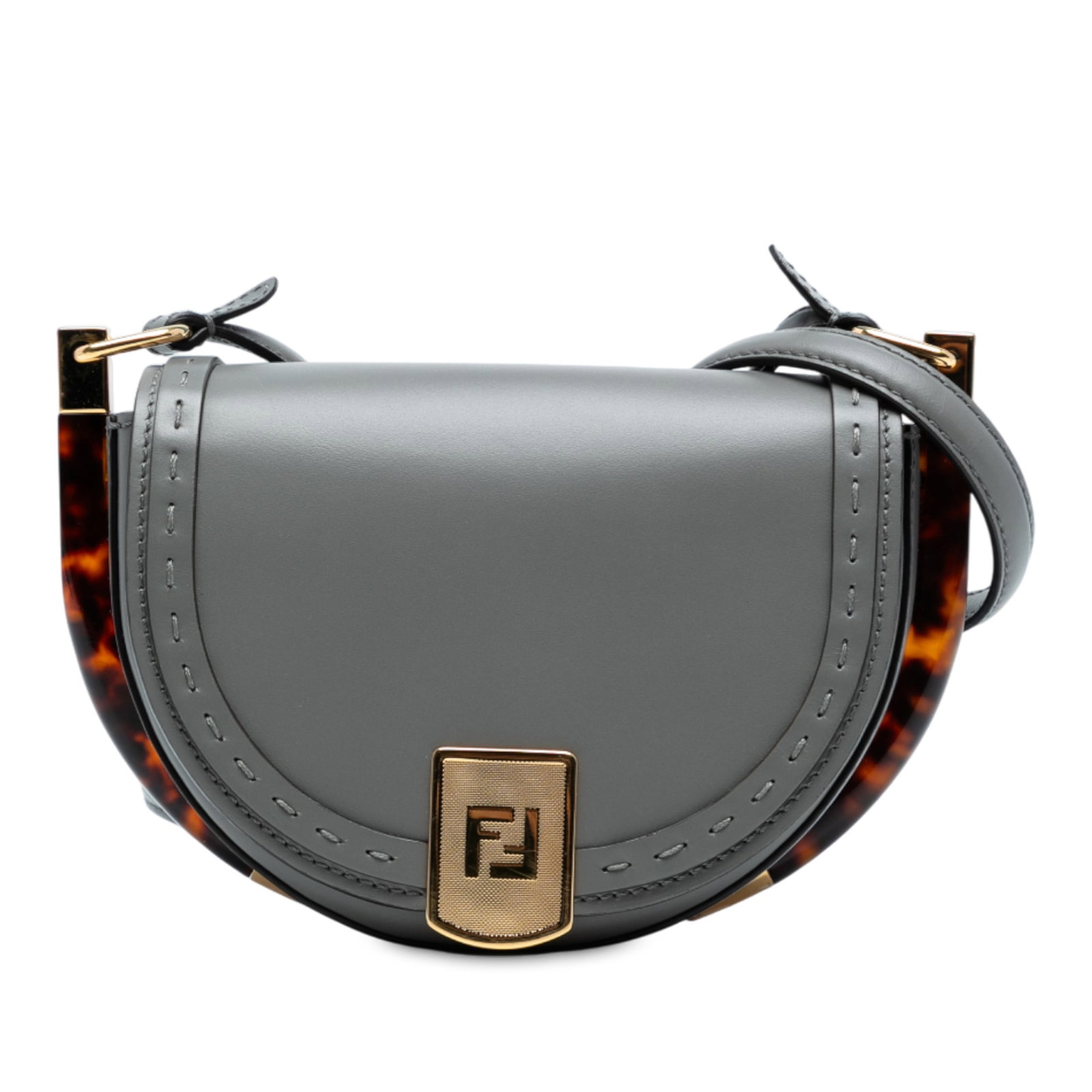 Fendi Leather Moonlight Crossbody Bag Gray with Adjustable Strap: Fendi Leather Moonlight Crossbody Bag Gray with Adjustable Strap Elevate your accessory collection with this Fendi Leather Moonlight Crossbody bag. Crafted from premium leather, this stylish bag featu