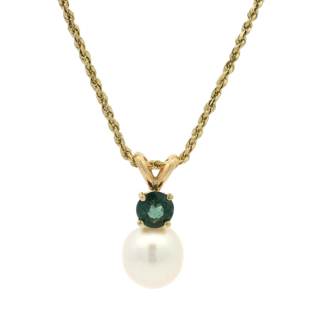 14k Gold Pearl 7.9mm & 0.50ct Greenish Blue Sapphire Pendant Necklace: 14k Gold Pearl 7.9mm & 0.50ct Greenish Blue Sapphire Pendant Necklace This exquisite pendant necklace features a stunning combination of a natural greenish blue sapphire and a cultured pearl, set in s