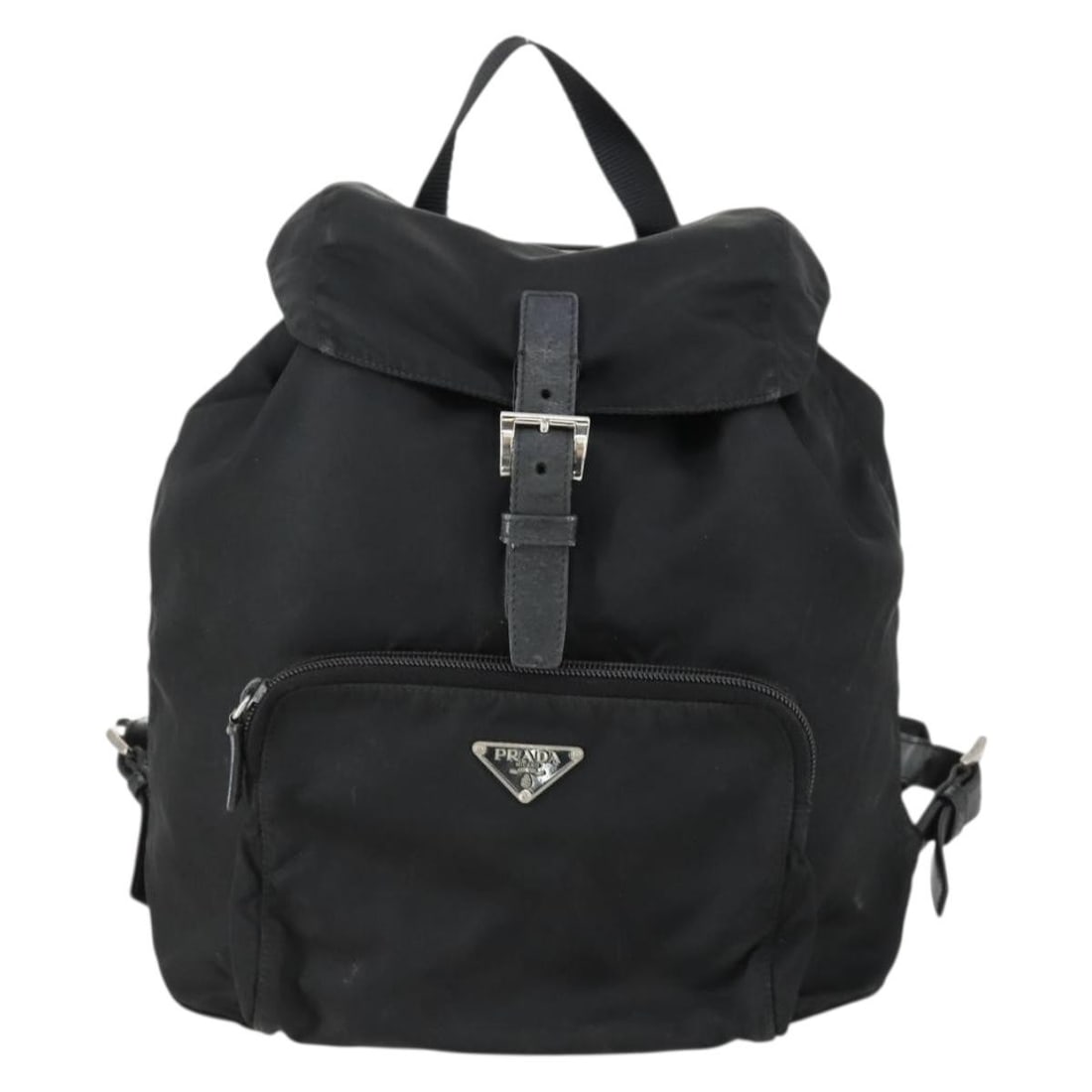 Nylon Prada Backpack with Front Pocket for Women Black: Nylon Prada Backpack with Front Pocket for Women Black This Prada Front Pocket Backpack is crafted from black nylon with leather accents and features metal fittings. Designed for women, it offers a co