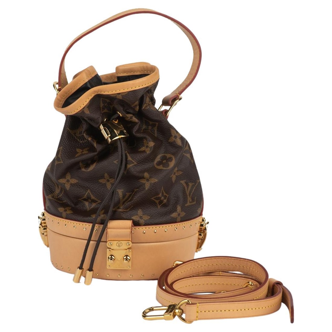 Louis Vuitton Petit Noe Trunk Bag Monogram Coated Canvas: Louis Vuitton Petit Noe Trunk Bag Monogram Coated Canvas The Louis Vuitton Petit Noe Trunk Bag is a stylish and functional handbag crafted from monogram coated canvas with elegant calfskin leather tri