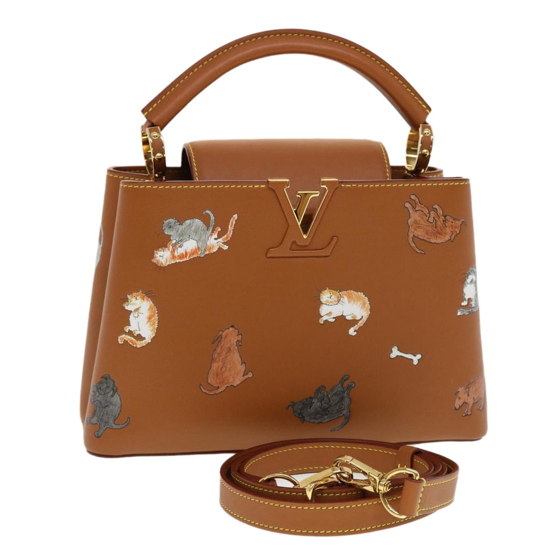 LOUIS VUITTON Catgram Capsine BB Hand Bag M53185 Brown Leather Auth Italy: LOUIS VUITTON Catgram Capsine BB Hand Bag M53185 Brown Leather Auth Italy The LOUIS VUITTON Catgram Capsine BB Hand Bag is a sophisticated 2-way handbag that combines elegance with practicality. Craft