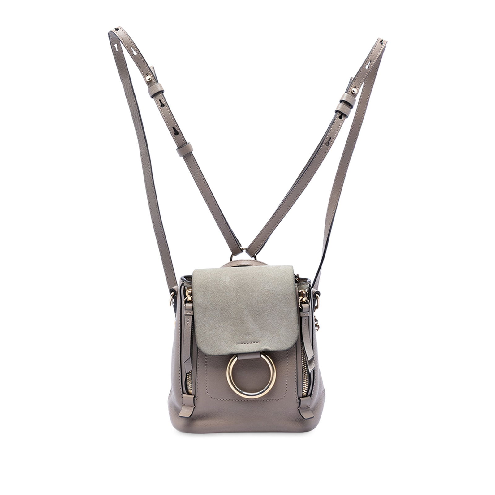 Mini Faye Backpack in Brown Leather and Suede with Zip Details: Mini Faye Backpack in Brown Leather and Suede with Zip Details This Chloe Mini Calfskin and Suede Faye Backpack features a brown leather body with zip accents and a suede front flap secured by a signa