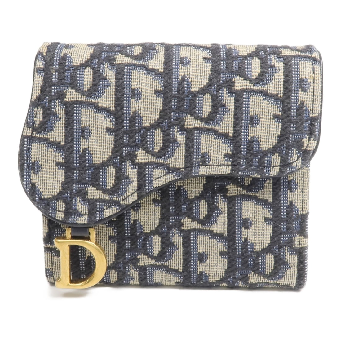 Dior Navy Canvas Tri-Fold Saddle Lotus Wallet with Gold Hardware: Dior Navy Canvas Tri-Fold Saddle Lotus Wallet with Gold Hardware This Christian Dior Saddle Lotus tri-fold wallet features navy canvas with gold-tone hardware. The wallet offers a stylish and compact