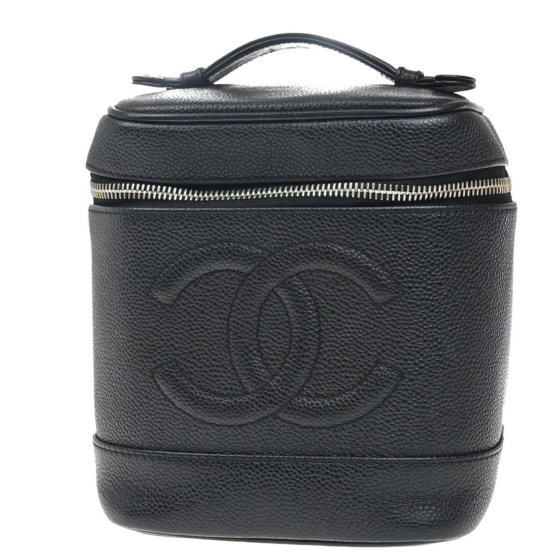 Black Caviar Leather Vintage Timeless Cosmetic Case by Chanel: Black Caviar Leather Vintage Timeless Cosmetic Case by Chanel This Chanel Vintage Timeless Cosmetic Case is crafted from black leather and designed for women. Made in Italy, it features gold-plated ac