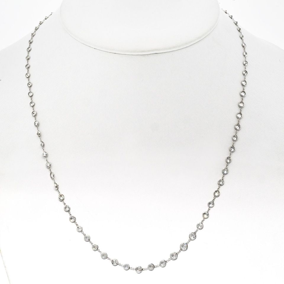 14K White Gold 75 Round Diamond By The Yard Necklace 8.47cttw: 14K White Gold 75 Round Diamond By The Yard Necklace 8.47cttw This exquisite Diamonds by the Yard necklace features 75 round diamonds, totaling approximately 8.47 carats, elegantly set in 14K white go