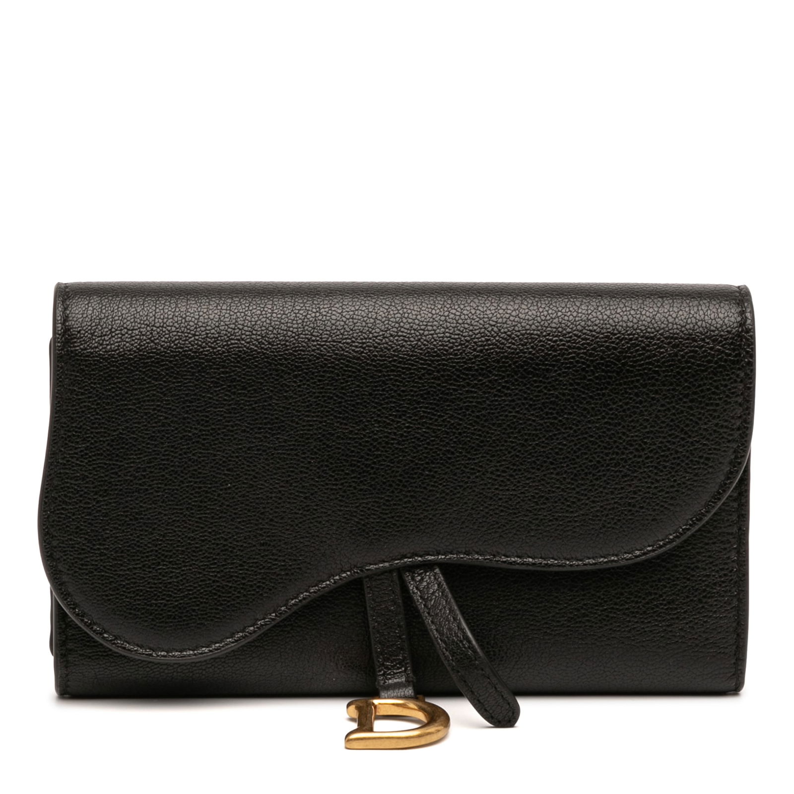 Black Leather Saddle Wallet by Dior with Snap Flap: Black Leather Saddle Wallet by Dior with Snap Flap This Dior Goatskin Saddle Long Wallet features a leather body in black, a flap with snap button closure, and interior zip and slip pockets. The walle