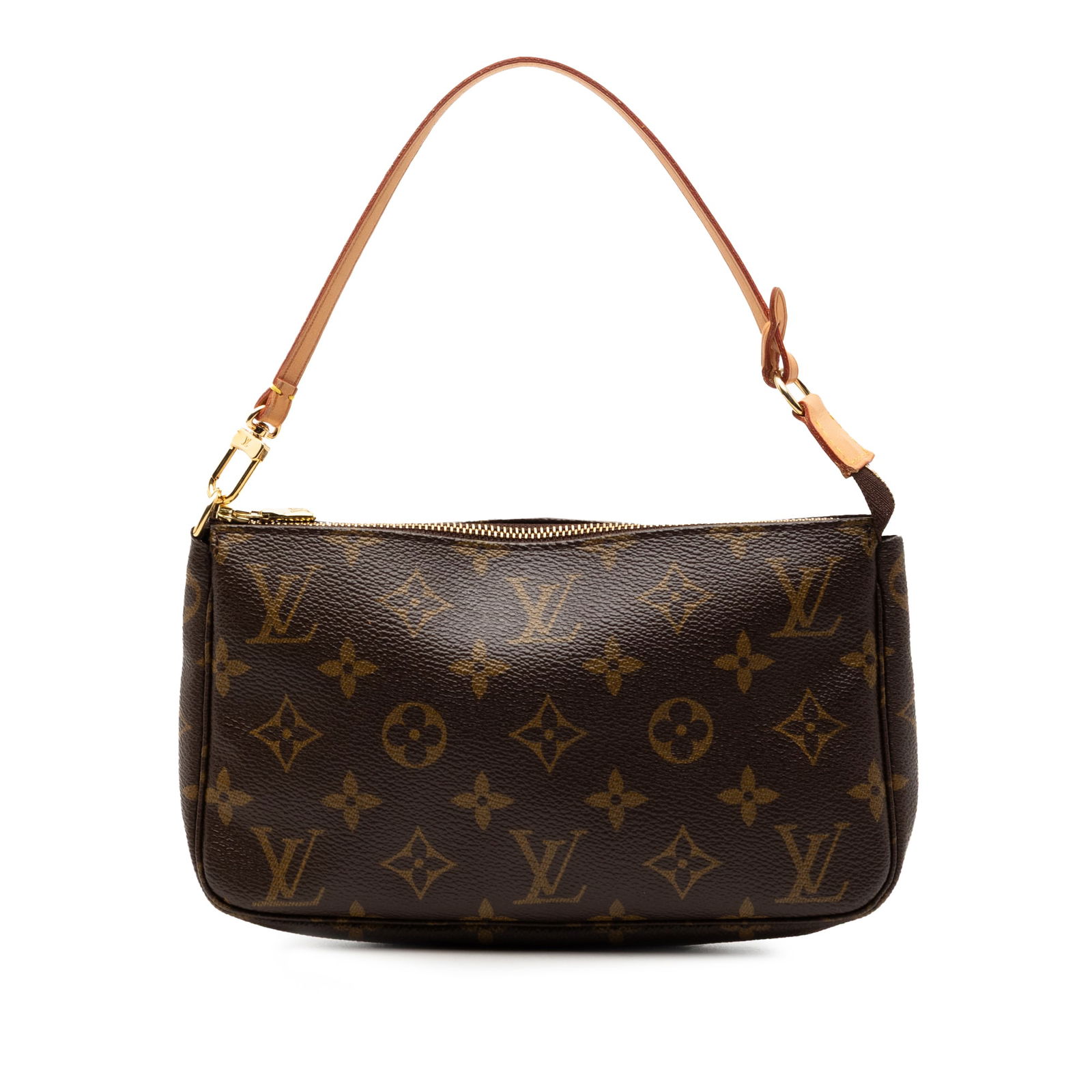 Louis Vuitton Monogram Canvas Pochette Accessoires Bag with Leather Strap: Louis Vuitton Monogram Canvas Pochette Accessoires Bag with Leather Strap This Louis Vuitton Pochette Accessoires features the iconic monogram canvas exterior, complemented by a flat vachetta leather