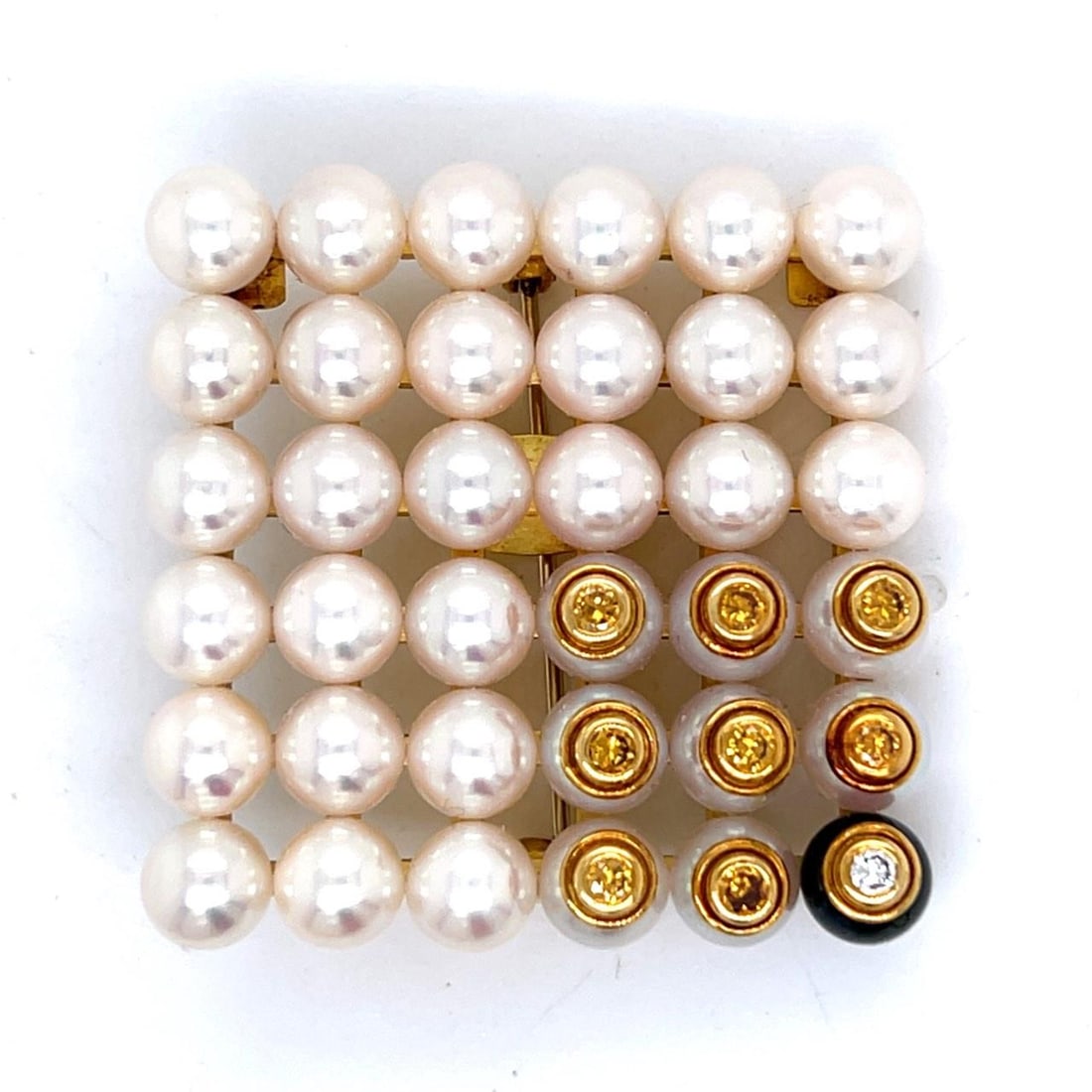 Cultured Pearl and Diamond Brooch in 18K Yellow Gold with Fancy Yellow Diamonds: Cultured Pearl and Diamond Brooch in 18K Yellow Gold with Fancy Yellow Diamonds This brooch is crafted from 18K yellow gold and features cultured pearls accented by eight Fancy Intense Yellow diamonds