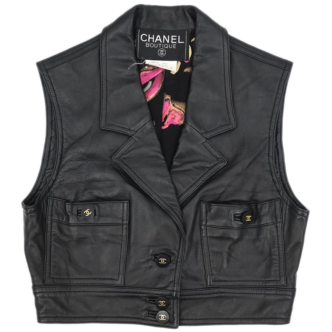 Chanel Black Lambskin Single Breast Sleeveless Jacket 95P Size 38: Chanel Black Lambskin Single Breast Sleeveless Jacket 95P Size 38 This vintage Chanel sleeveless single breasted jacket features a mid-length cut crafted from 100% lambskin in classic black. Designed